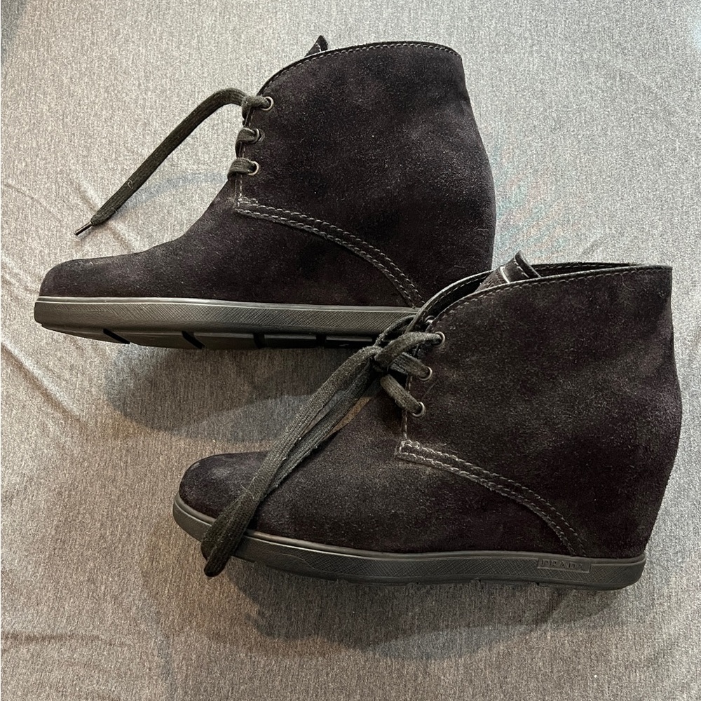 PRADA Half Boot Wedge Lace Booties 3TZ037 Black Suede IT 40.5 US 10-10.5 Shoes - Picture 4 of 11